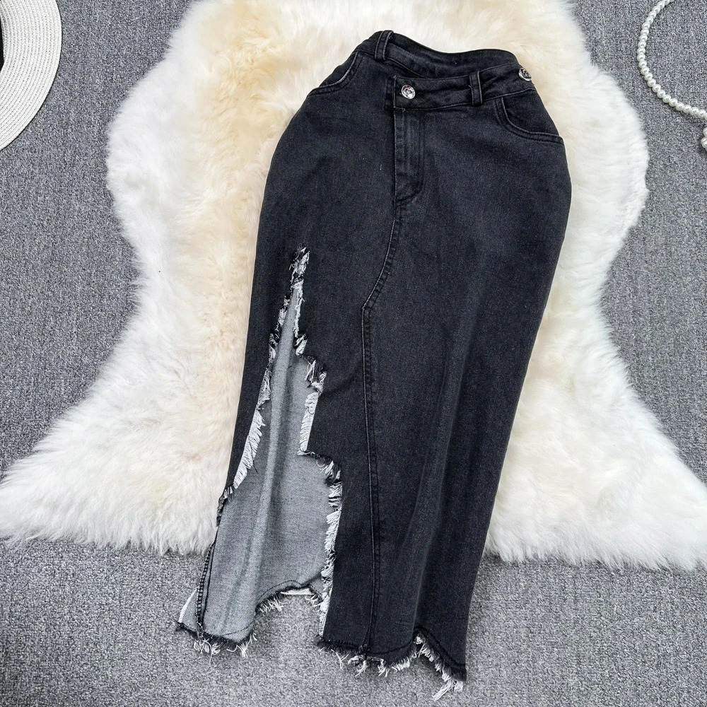 Amolapha Women Sleeveless Chain Suspender Strap Tops High Waist Split Half Skirt Denim Two Pieces Suits 240812