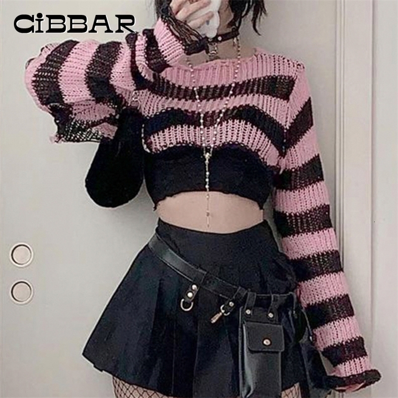 CIBBAR Vintage Y2k Cropped Sweater Smock Grunge 2000s Loose Full Sleeve Pink Striped Print Jumpers for Women Autumn Casual Chic 240812