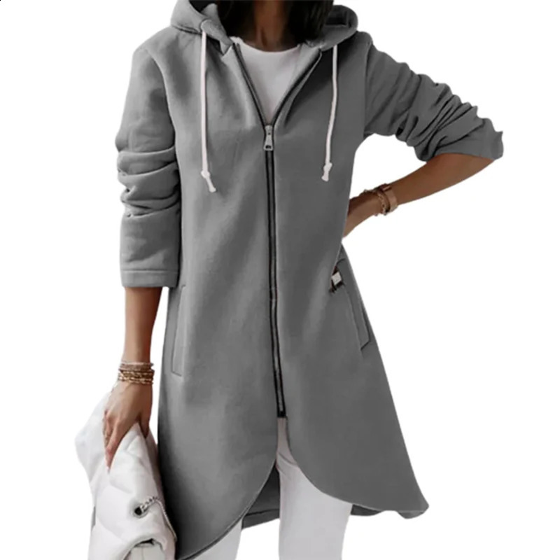 Solid Color Curved Hem Zipper Cardigan Hooded Sweatshirt Women Double Pockets Hoodie Autumn Winter Thickened Outerwear 240812