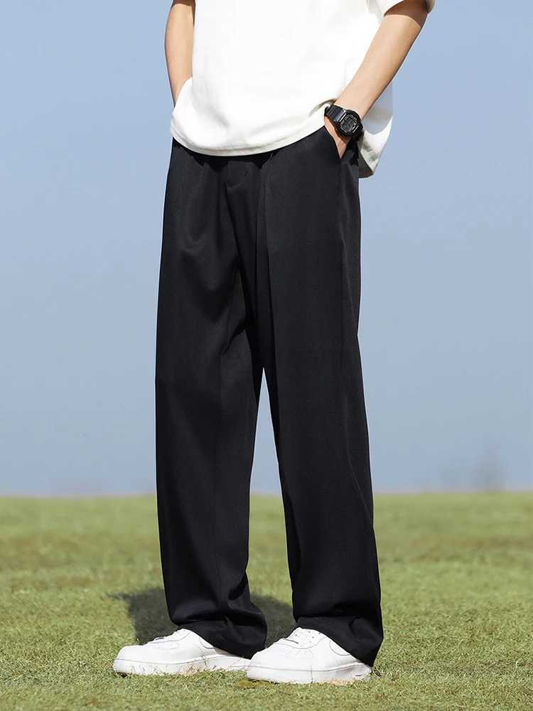 Summer Korean Mens Pants Light Thin Polyester Elastic Waist Semi-Wide Loose Slacks Drape Suit Pants Male Casual TrousersXJ240813