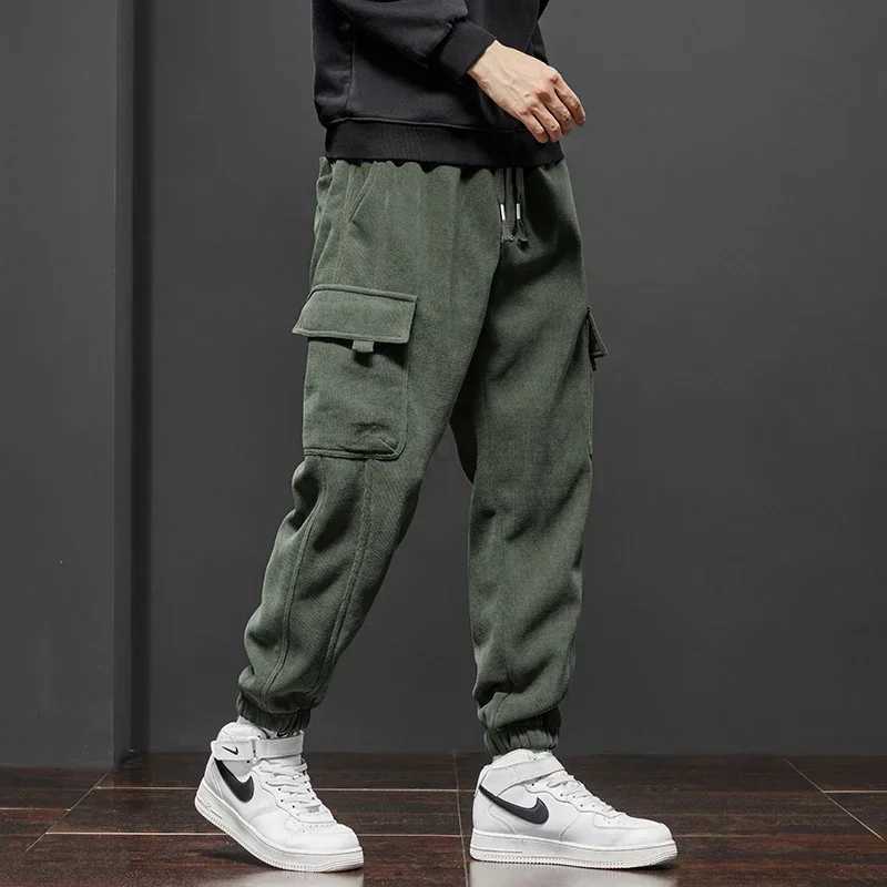 Mens Corduroy Harem Cargo Pants Elastic Waist Casual Joggers Sweatpants Spring Autumn Armygreen Gray Black Trousers StreetwearXJ240813