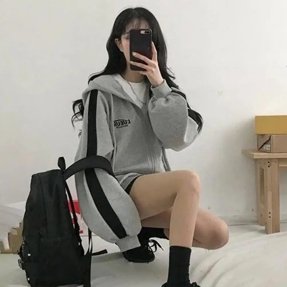 Women Solid Color Zipper Hoodies Harajuku Drawstring Long Sleeve Hooded Sweatshirts Korean Casual Pocket Jacket Streetwear 240812