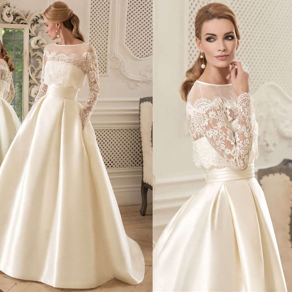 Elegant A-e Gown Wedding Dresses Appliques Pattern Lace Bridal Gowns Big Boat Neck Vestidos De Novia Custom Size Colour