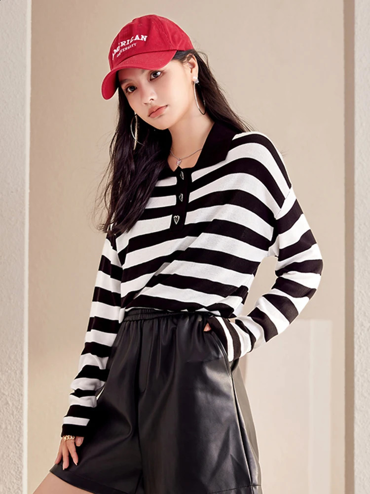 Womens autumn style lapel and floral knit top fashionable commuting striped sweater casual long sleeved 240812