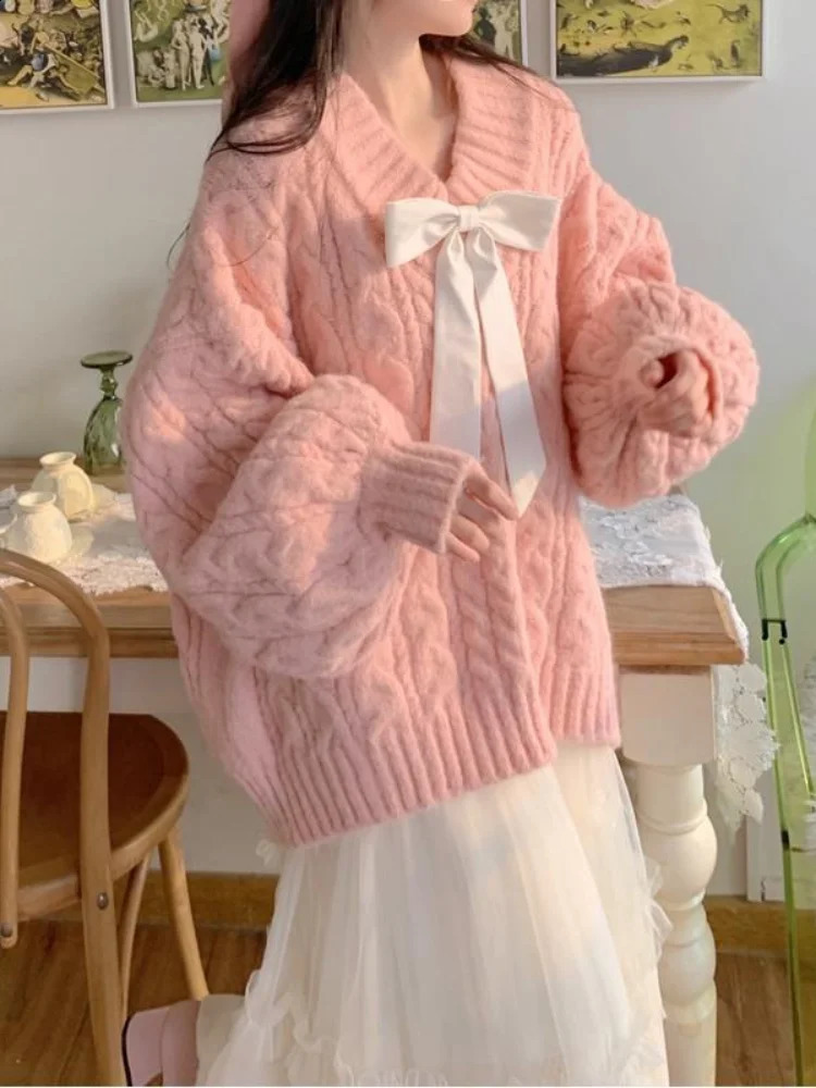 Deeptow Pink Kawaii Pullover Womens V-neck Bow Loose Knitted Sweater Preppy Style Sweet Loose Long Sleeve Autumn Winter 240812
