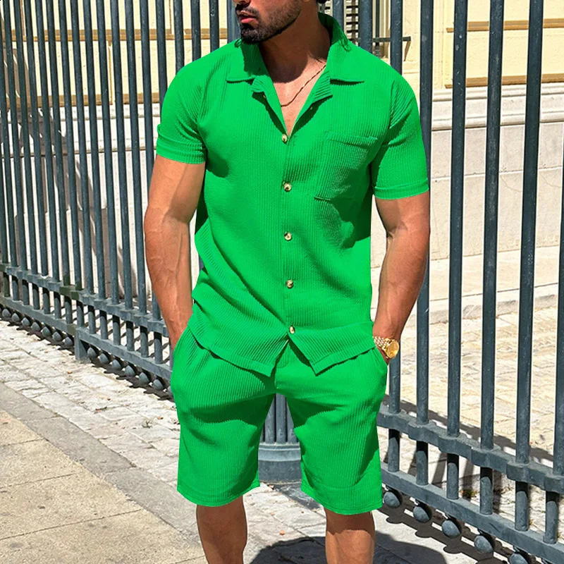 Mens Lapel Casual Cardigan Shorts 2 Pieses Sets Summer Fashion Solid Color Vertical Striped ShortSleeved 240812