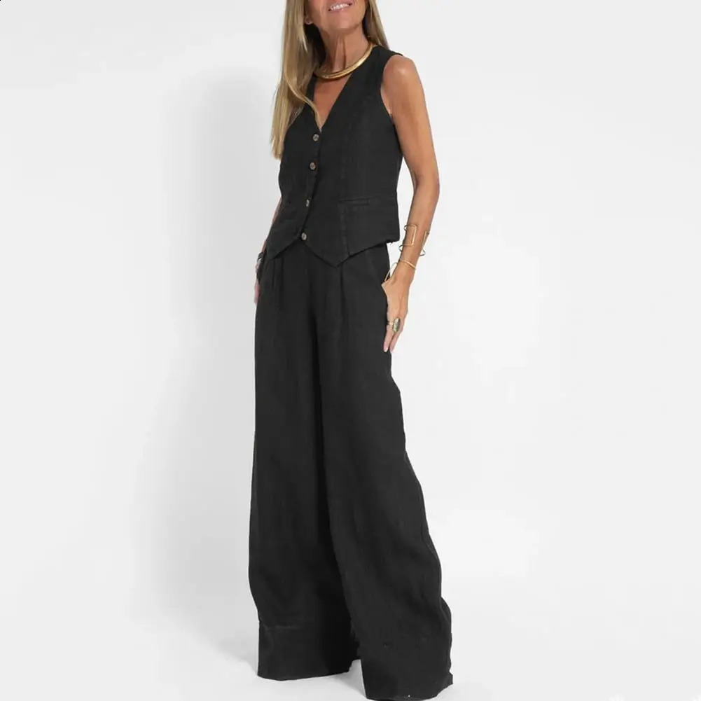 Women Suit Cotton Linen Vest Wide Leg Pants Two Piece Set Women Sleeveless Tank Top Matching High Waist Wide Pants Set 240813