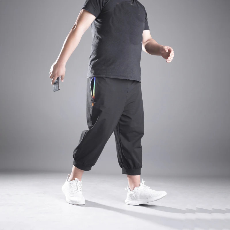 Summer men sweatpants sports pants zipper plus size 13XL10XL 15XL Comfortable Breathable elasticity thin knee length pants 210KG 240812
