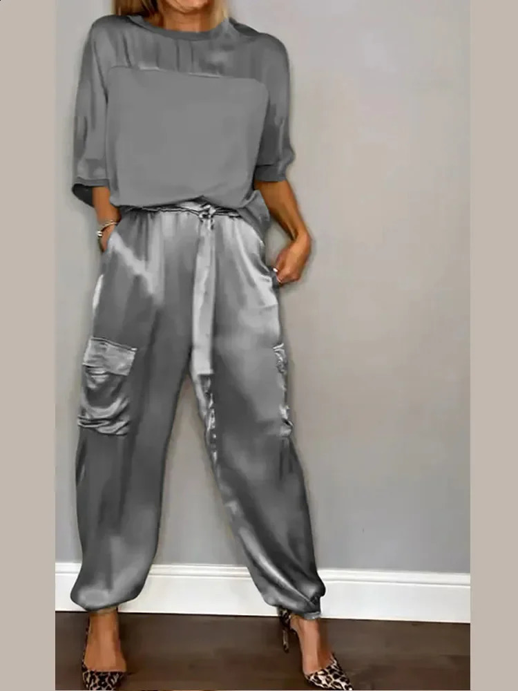 Casual Satin Two Piece Sets Women Patchwork Long Sleeve O-neck Top High Waist Lace Up Loose Pant Suit 2024 Spring Summer Outfits 240813