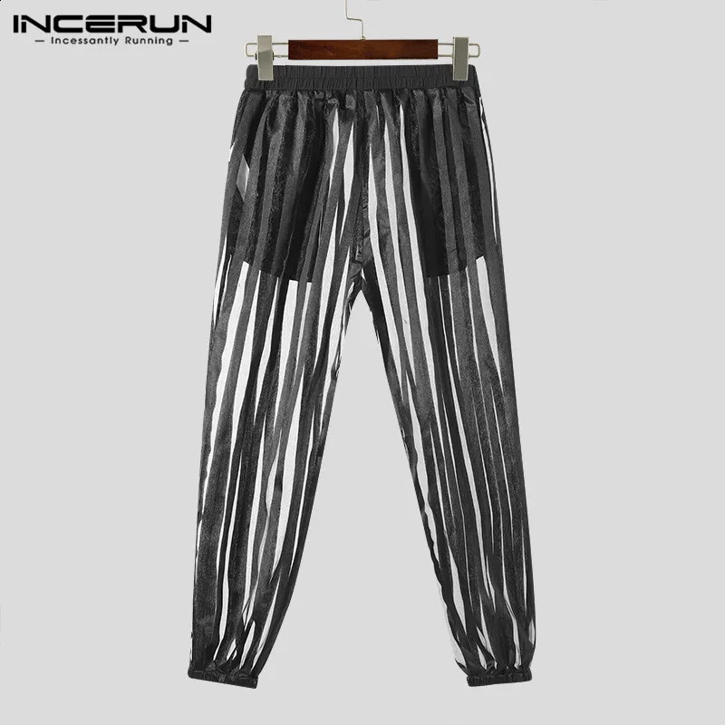 Men Striped Pants Mesh Transparent Elastic Waist Sexy Trousers Streetwear Loose Fashion Casual Pantalon S2XL INCERUN 240812