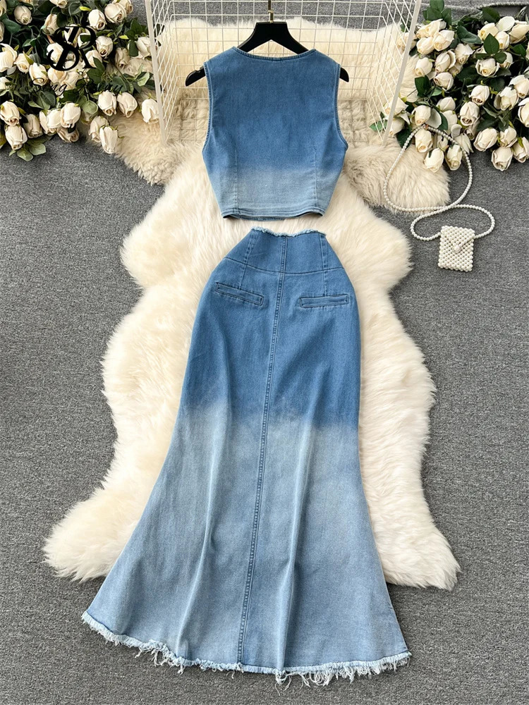 SINGREINY Vintage Denim Sets V-Neck Sleeveless Gradient Short TopsZipper Split Fishtail Skirt 2024 Fashion High Quality Suits 240812