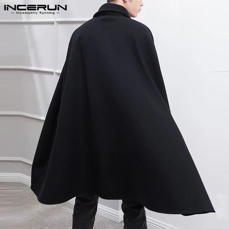 INCERUN Mens Cloak Coat Solid Color Single Button Collar Cape Town Street Wear Winter Artificial Blended Jacket 240812