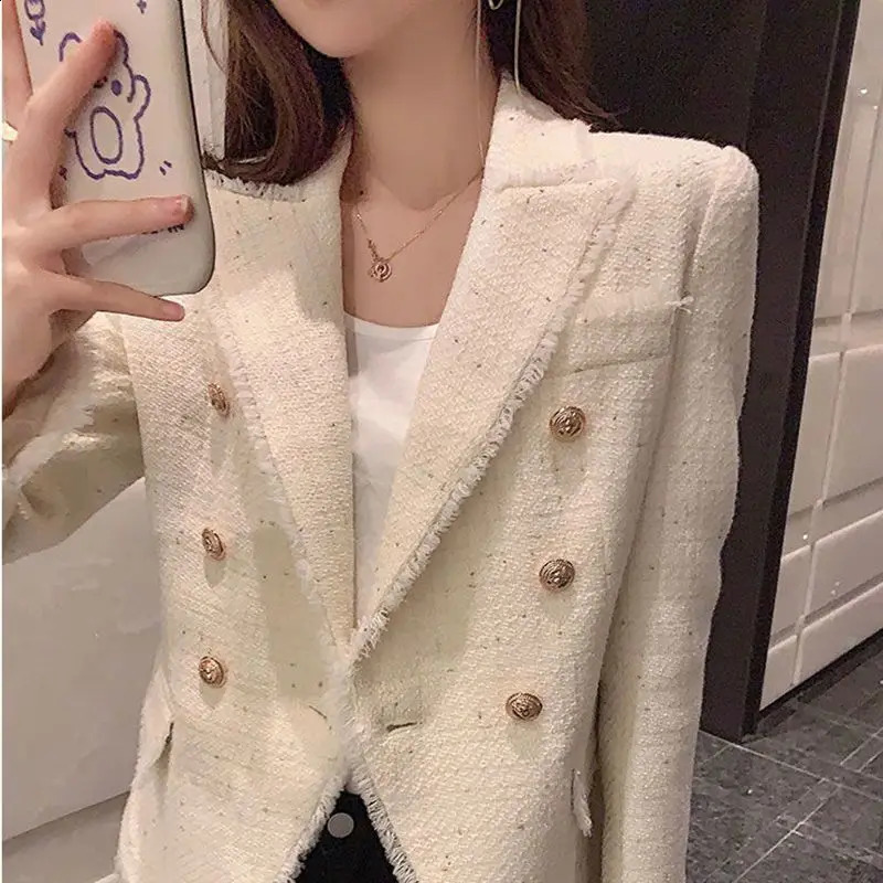 Classic Cropped Blazers for Women Jacket Spring Autumn Korean Fashion Double Breasted Tweed Suit Coats Slim Fit Vintage Top 240812