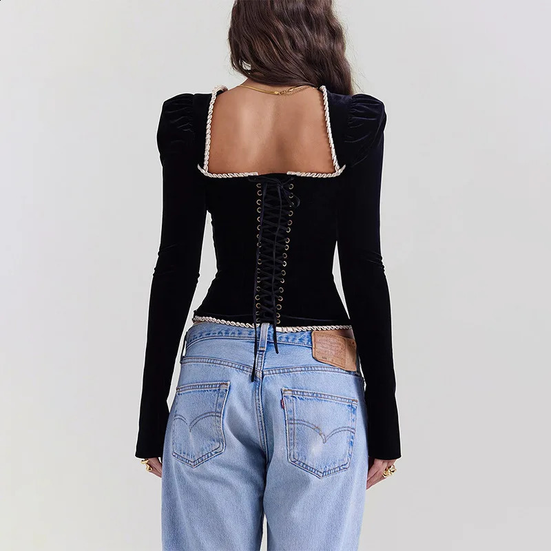 Gtpdpllt Y2K Fashion Womens T-shirt with Tight corset Top Elegant Retro Black Velvet T-shirt Low Cut Long Sleeve Crop Top240812