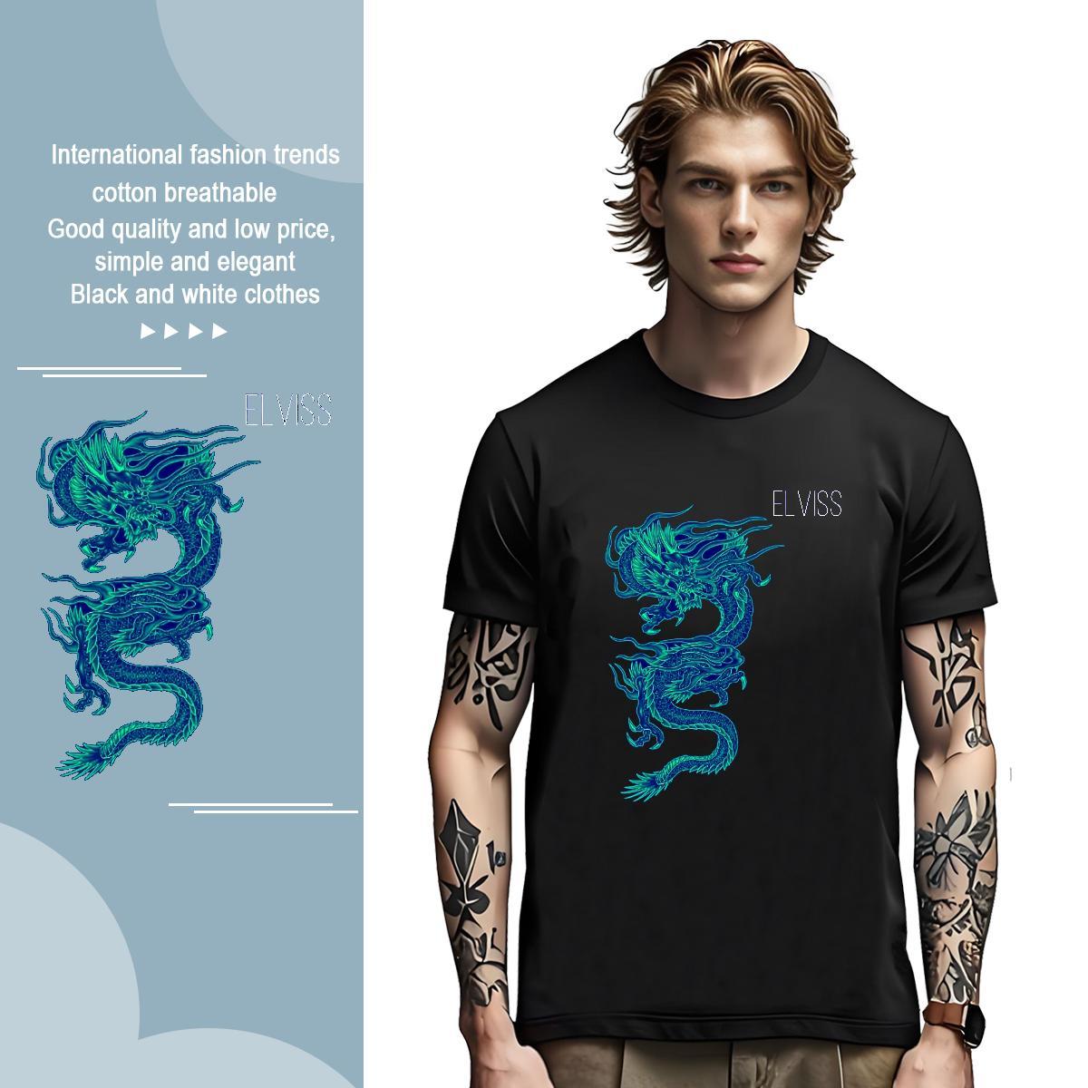 T-Shirts for Men 230g Pure Cotton dragon Street Casual Breathable Crew Neck Custom Print Oversized Tshirts DIY Customized Brand Wear