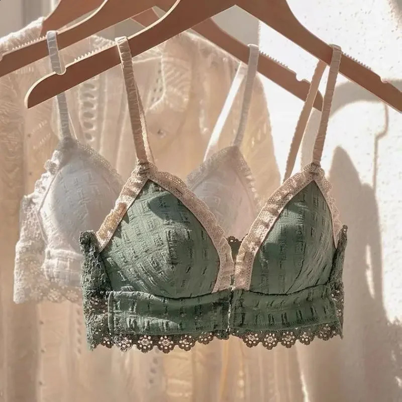 Japan Korean Front Closure Sweet Lace Bra Wire Free Comfortable Underwear Women Graceful Breathable Undies Lingerie Female 240812