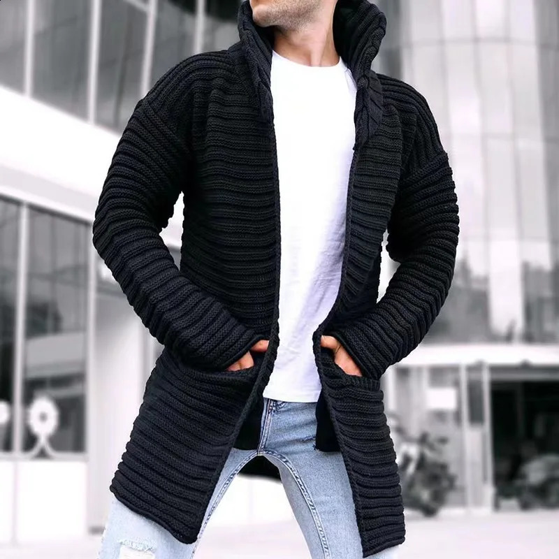 Autumn Winter Men Solid Color Knitted Sweater Turtleneck Cardigan Jacquard Long Jacket Coat LongSleeve Warm Slid Lapel Clothing 240813