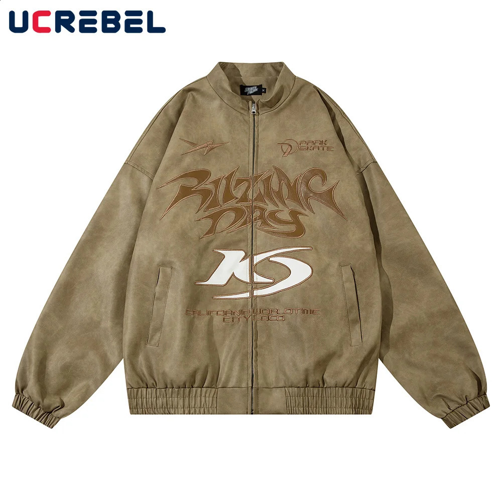 Letter Embroidery PU Leather Jacket Mens Retro High Street Stand Collar Long Sleeve Loose Autumn Outerwear Men 240810