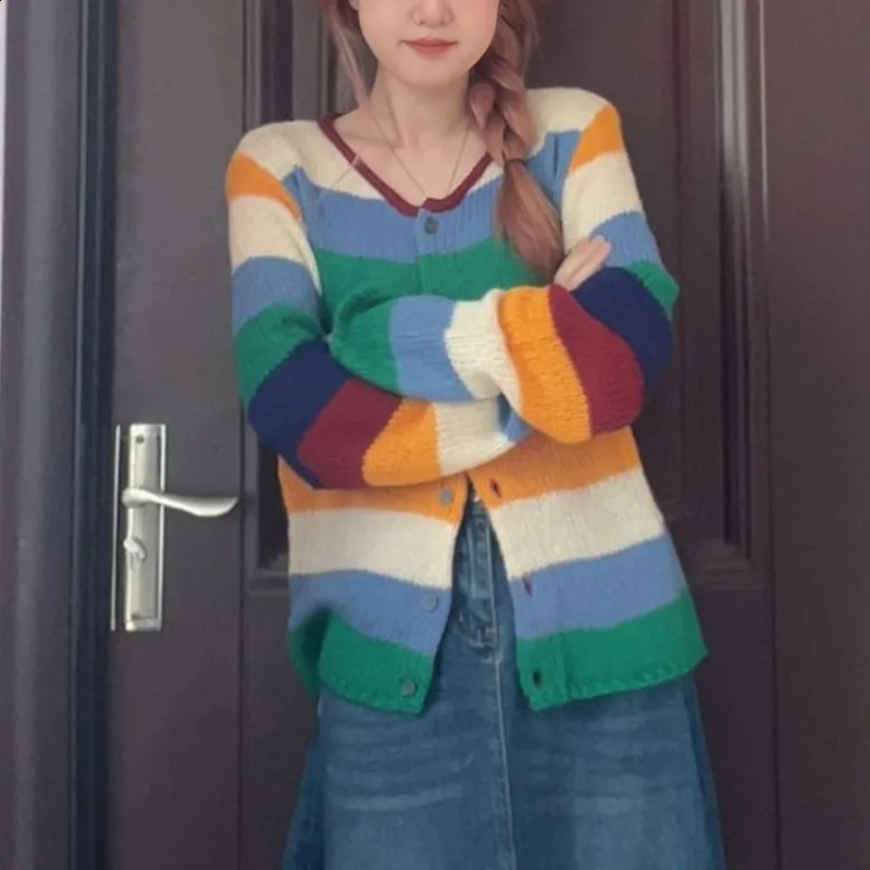 Womens Round Neck Color Sweater Spring Autumn Retro Loose All-match Striped Long Sleeved Knitted Single-breasted Cardigan Tops 240813