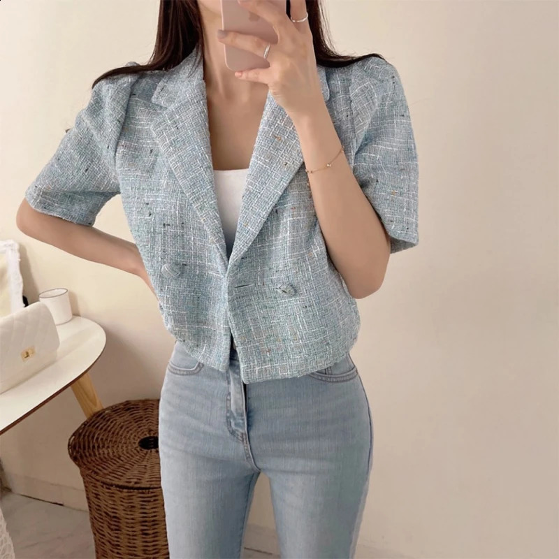 Summer Chic Elegant Suit Collar Autumn Womens Coat Double Row Two Buttons Loose Style Bubble Sleeve Tweed Short Female Jacket 240812