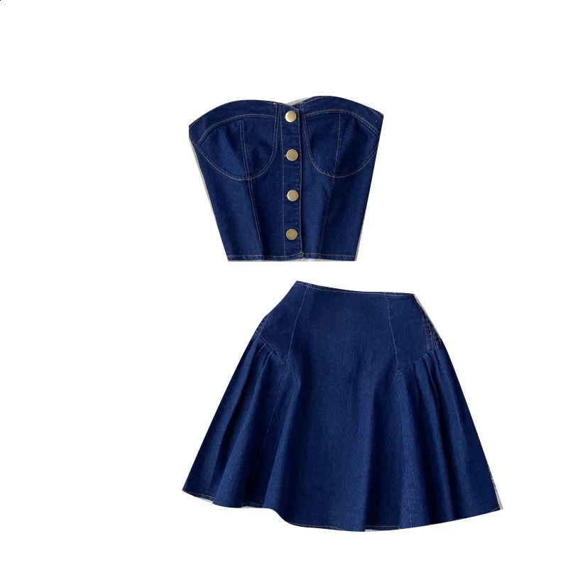 Women Dress Sets Two Piece Sets Skirt Set Denim Off Shoulder Blue Summer Short Tops Party High Waist Jeans Skirts Sexy Crop Top 240812