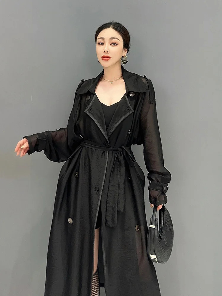 SHENGPALAE Fashion Womens Windbreaker Notched Collar Long Sleeve Button Solid Color Translucency Trench Summer 2024 5R4385 240813