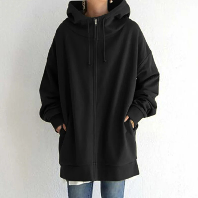 Fashion Zipper Long Sweatshirt Women Autumn Winter Loose Hooded Jackets Harajuku Streetwear Casual Fleece Hoodies Female Jacket 240812