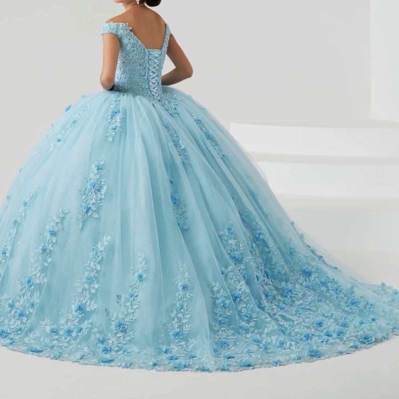 Quinceanera Dress Ball Gown Off The Shoulder 3D ral Applique Beaded Crystals Tull Sweet 16 Vestidos De XV 15 Anos