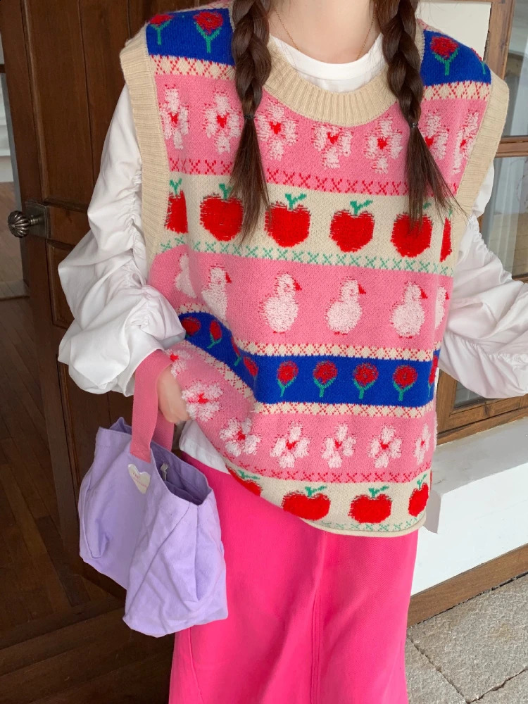 Cartoon Knitted Vest Sweater Women Preppy Style Kawaii O-Neck Contrasting Colors Sleeveless Sweaters Y2K Cute Pullovers 240812