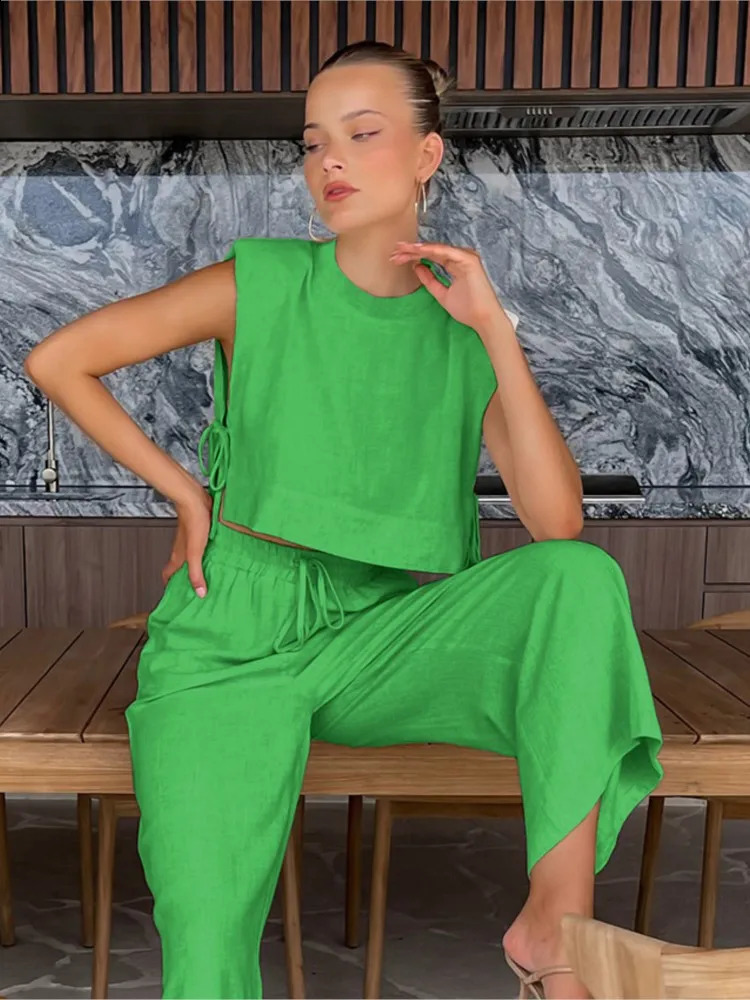 Cotton And Linen Pant Sets Women Sleeveless Leace-up Short Tops Drawstring Long Pants Two Piece Set Commuting Summer 240813