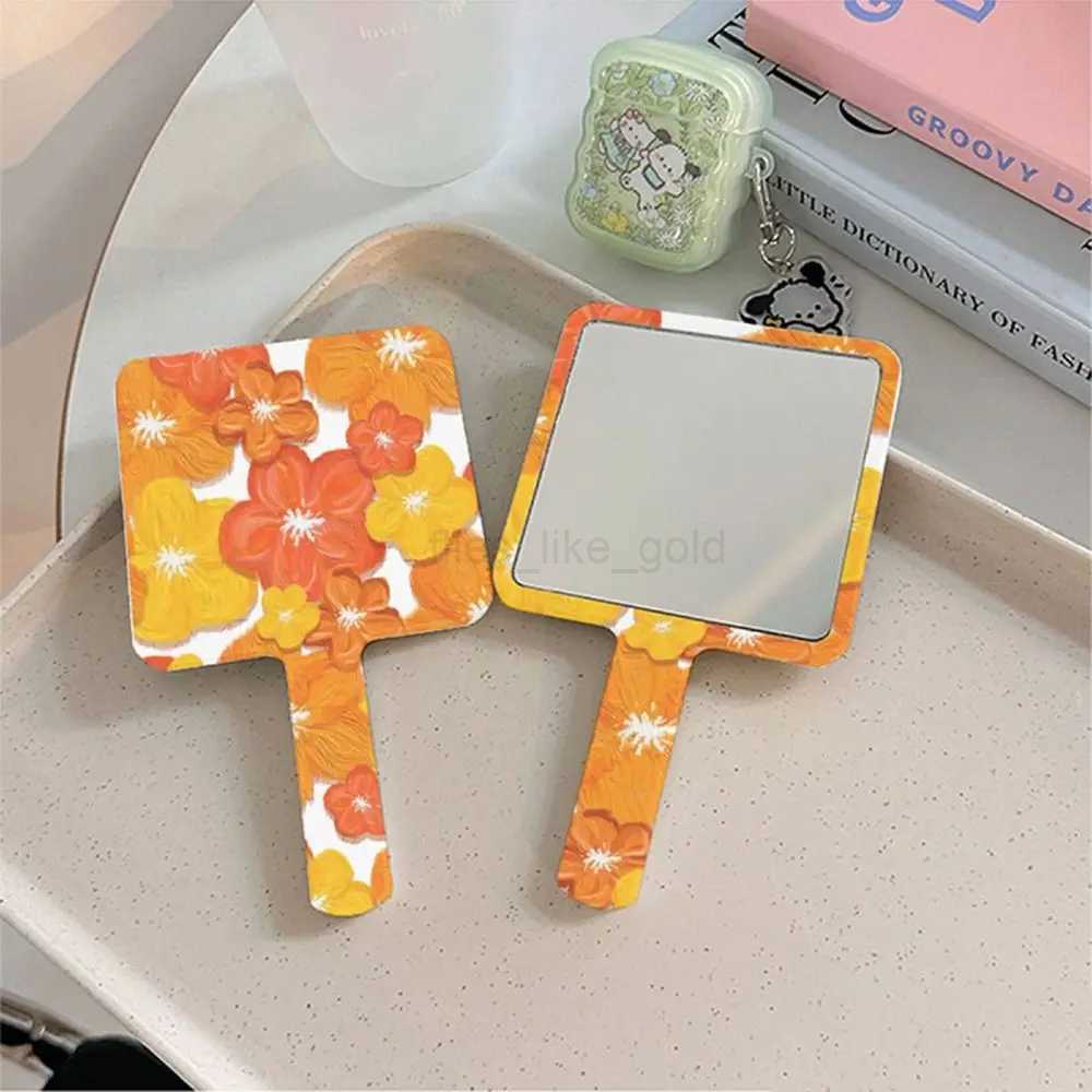Cute handheld makeup mirror square flower makeup mirror ideal creative square mirror womens mirror W240813