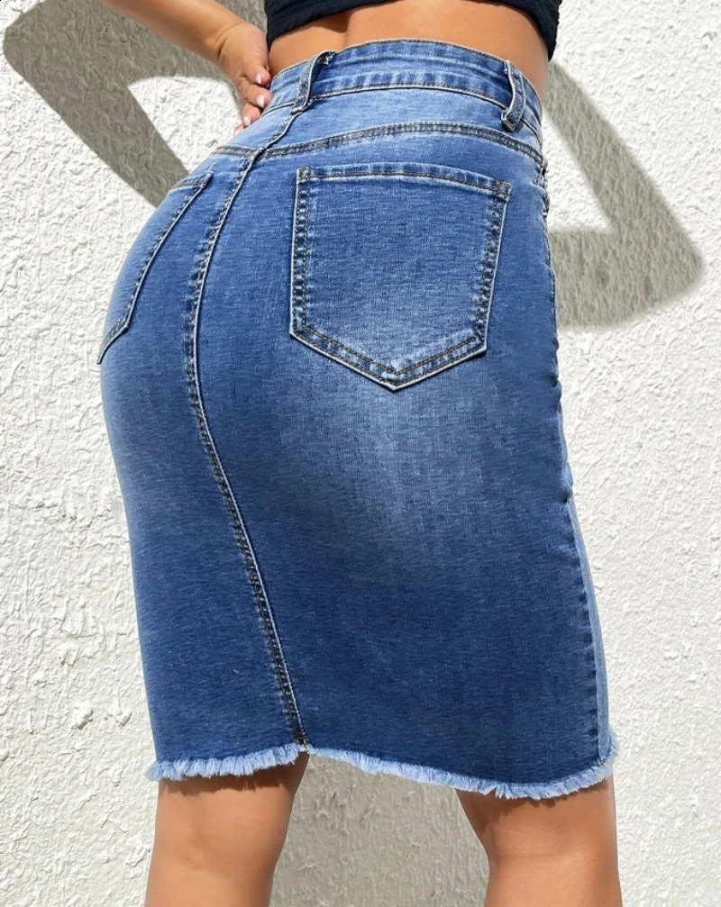 2024 Summer High Elastic Raw Edge Slim Denim Skirt for Women Fashion Skinny Jeans Hip Cover Skirt Casual Ladies Clothing 240812