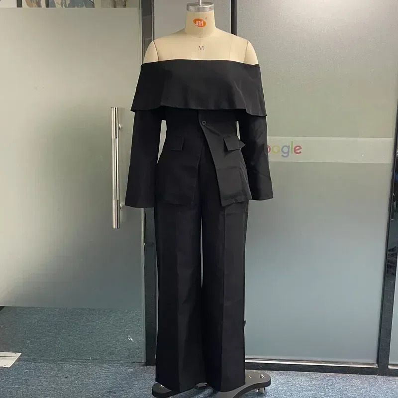 Womens solid neck shoulder jacket high waisted casual pants set office ladies twopiece womens coat 240812