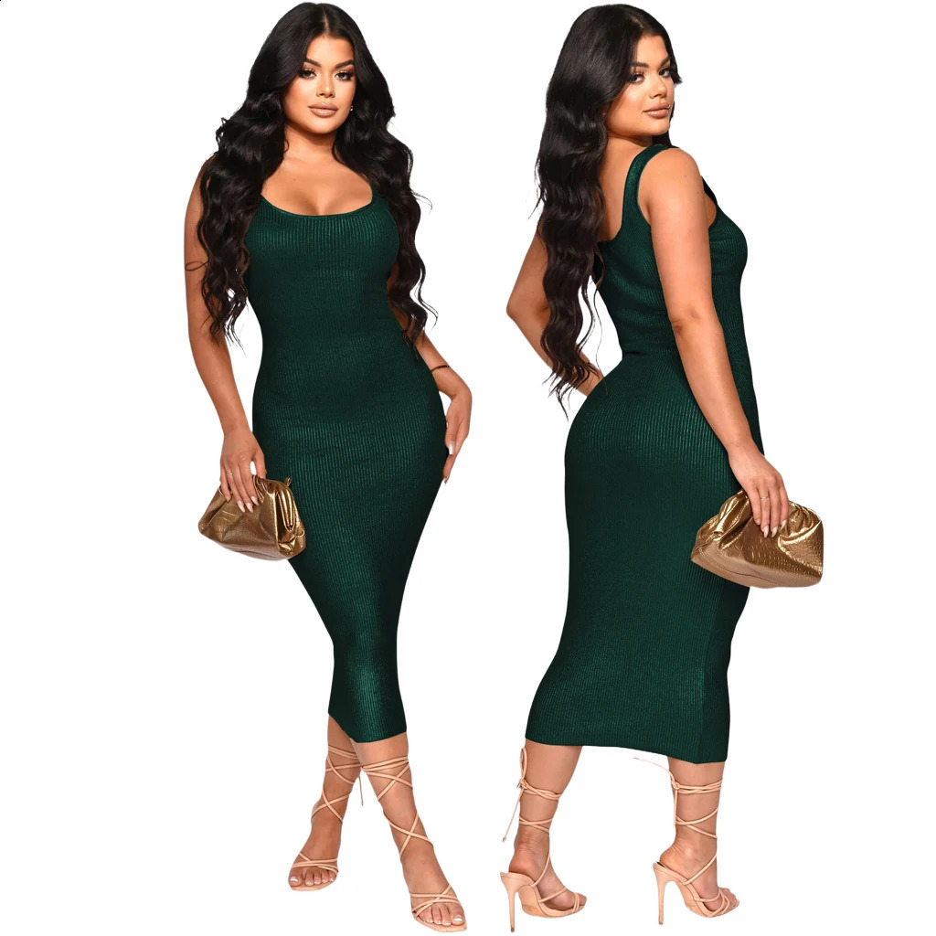 Women Spaghetti Strap Sleeveless Side Spit Bodycon Midi Dress Knee Length Office Lady Sexy Party Dresses Vestido Elegant 240812