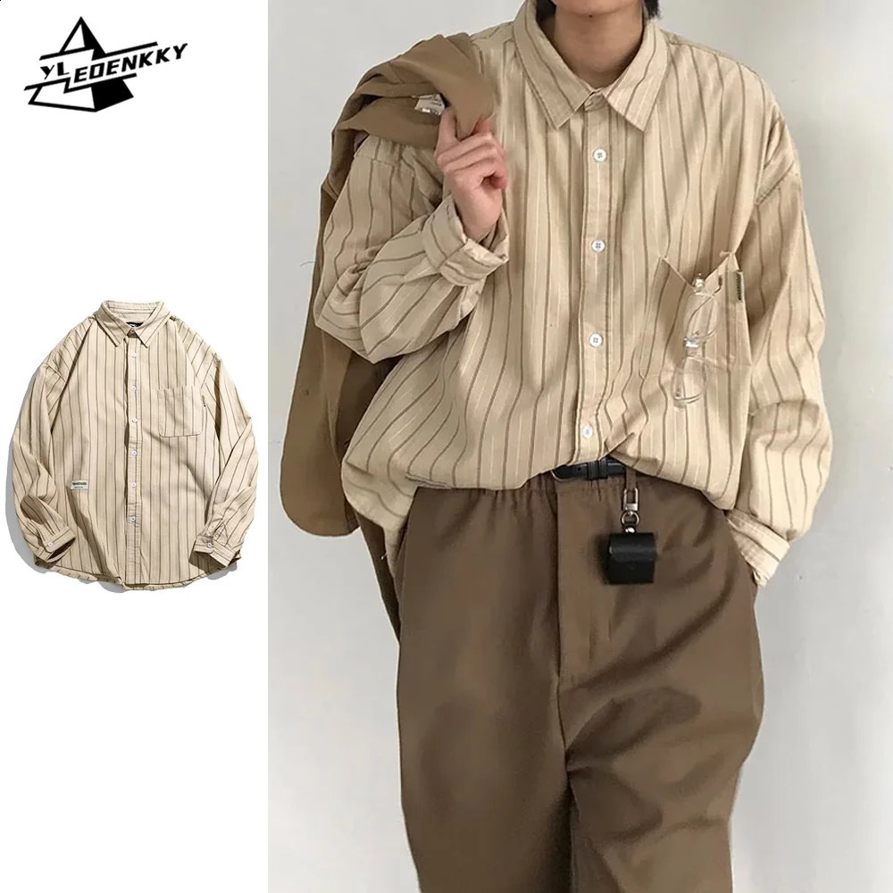 Japanese retro mens shirt Harajuku womens striped loose cardigan wool sweater Spring and Autumn thin cargo long sleeved casual unisex top 240812