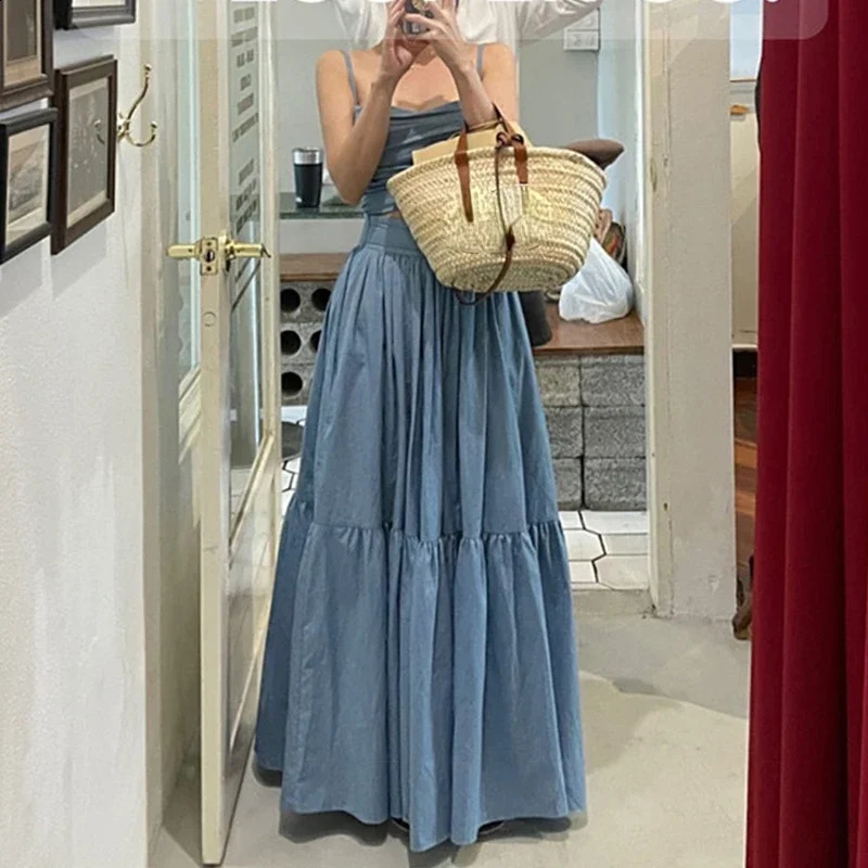 Sexy Two Piece Set 2024 Summer Femme V-neck Slim Fit Short Suspended Tank Top Camis High Waist Large Swing Skirt Denim Sets 240812