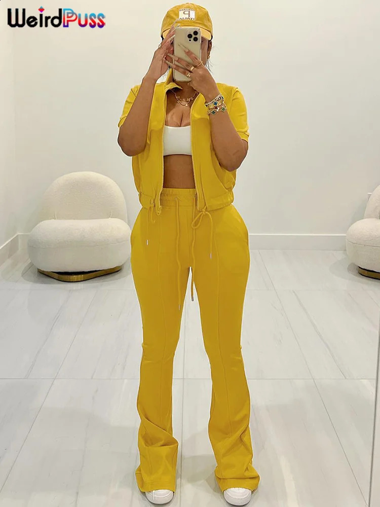 Weird Puss Women Tracksuit Two Piece Set Casual Zip Solid Short Sleeve Waistband TopsFlare Pants Matching Streetwear Outfits 240813