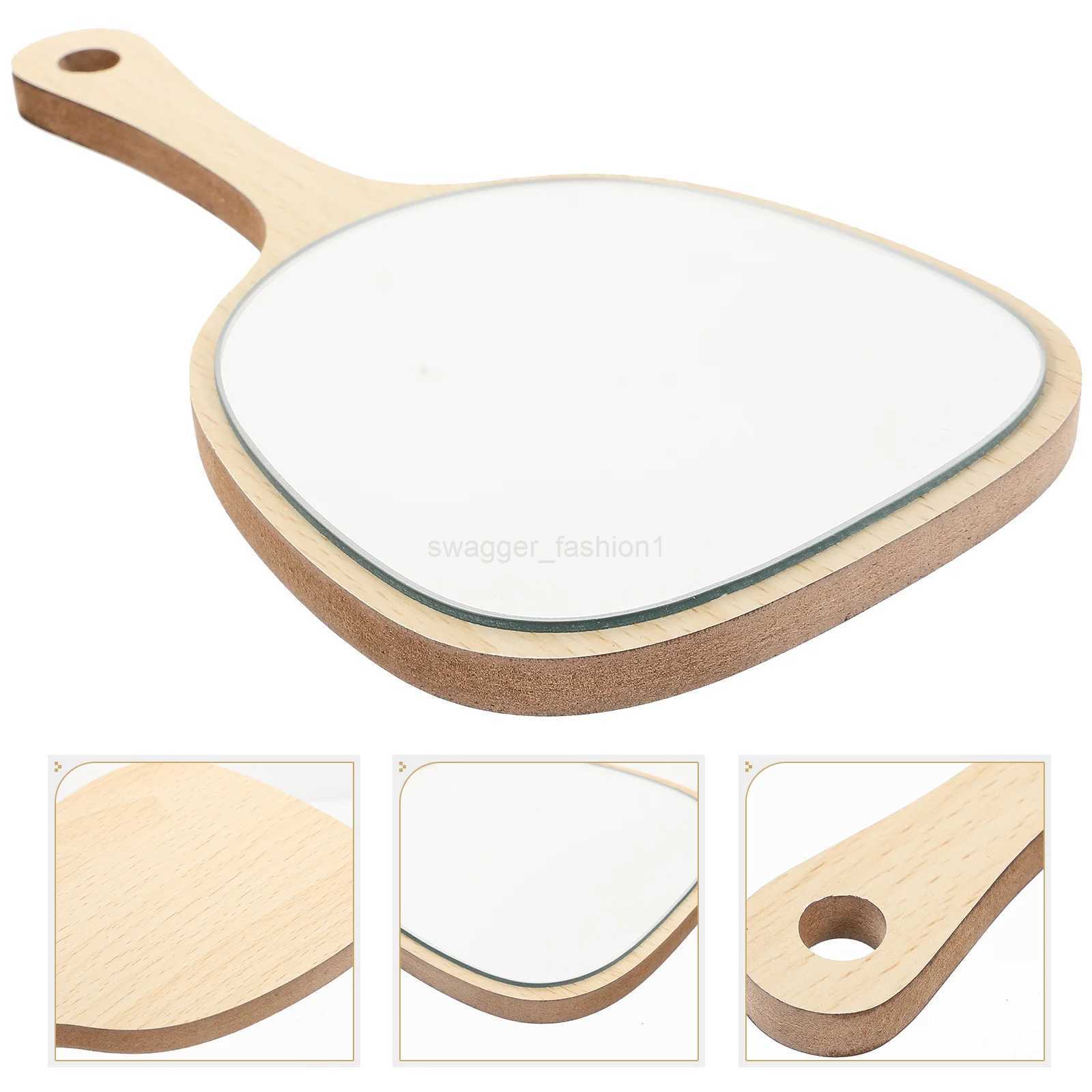Women Wooden Makeup Beauty With Handle Bathroom Khaki Mirror Wall Mounted With Hook Hole For Makeup Home Salon Travel UseXJ240813