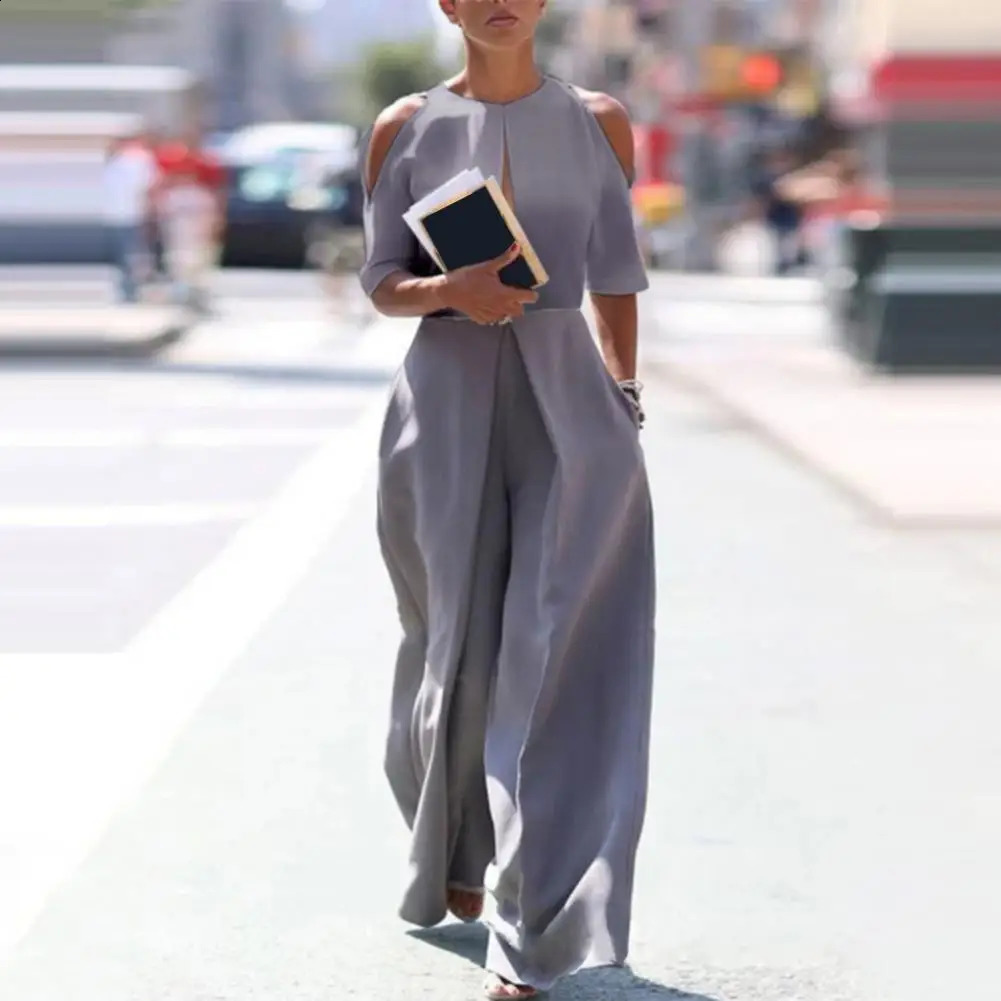 Soft-touching Breathable Cold Shoulder Half Sleeve Front Hollow Long Jumpsuit Streetwear 240813