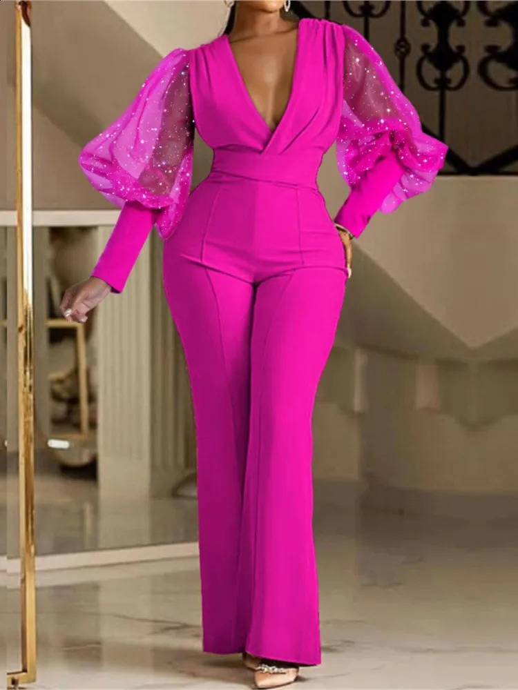 Ladies Elegant Office Jumpsuit Romper For Women High Waist Wedding Overalls Sequins Bodycon Long Sleeve Party Jumpsuit Club 240813