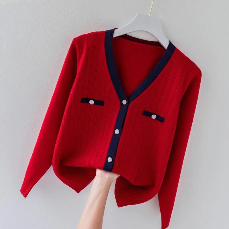 Womens clothing fashion casual Vneck sweater spring and winter comparison cardigan wool office womens long sleeved soft comfortable top 240812
