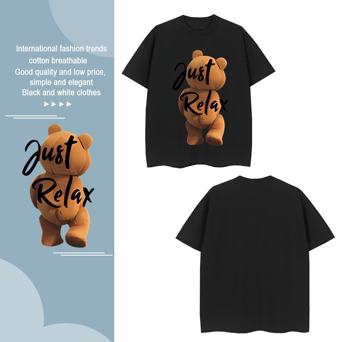 Loose T-Shirts for Men bear O Neck Short Sleeves Sport Black Oversized 230g 100% Cotton Men Tees Fashion New Wear