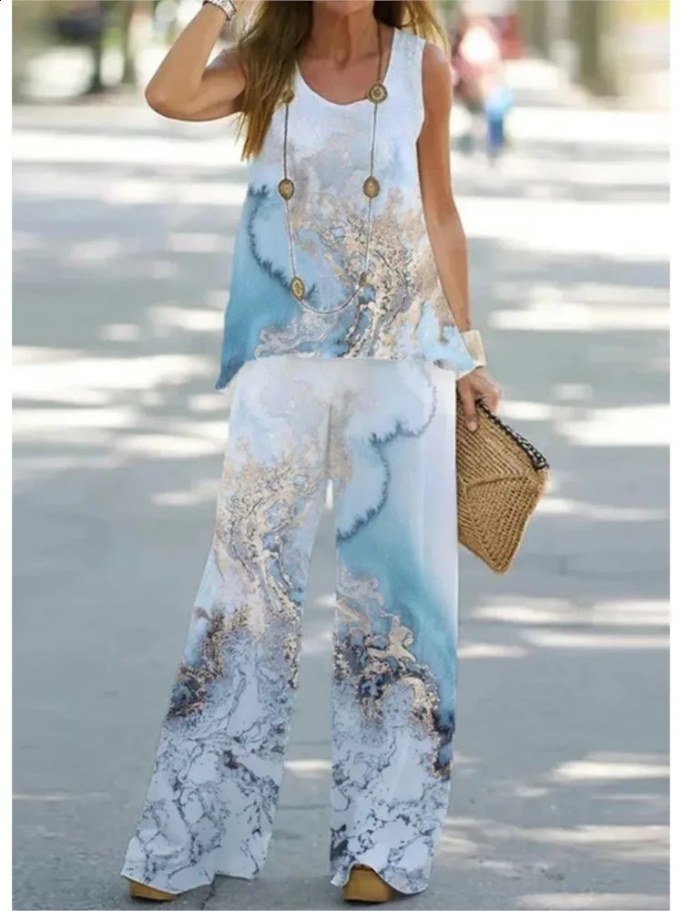 Summer Print Suit 2024 Women Sleeveless Round Neck Top Wide Leg Pants Set Two Piece Set Loose Casual Womens Clothing 240813