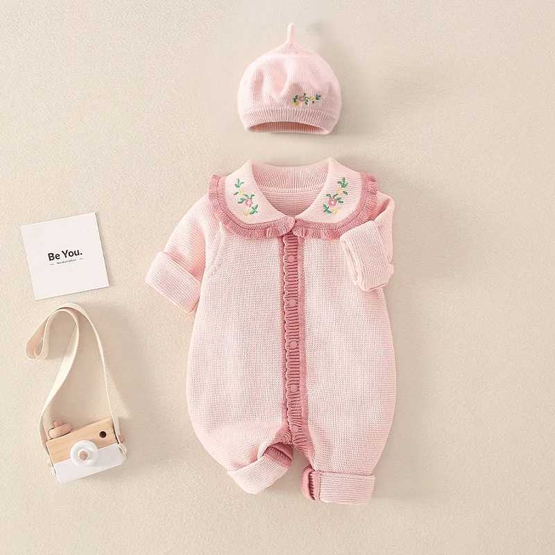 2024 Autumn Winter Newborn Girls Knitted Hoodie Cotton Long Sleeve Embroidered Collar Baby Girls Onesie Baby Girls Tight Clothes W240812