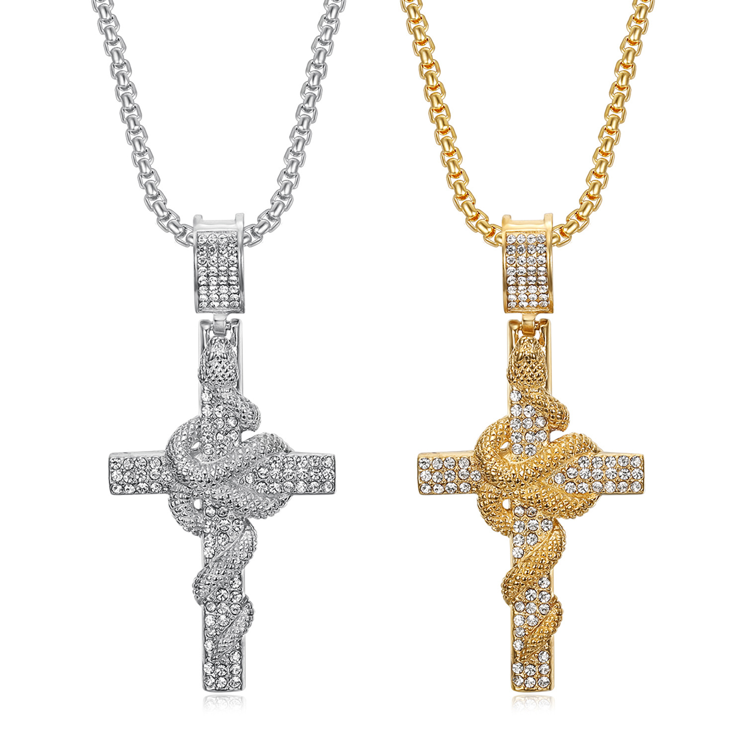 Retro Fine Snake Dish Cross Pendant Necklace 316L Stainless Steel Gold Plated Fashion Jewelry Non-fading Not Sensitive Men Jewelry