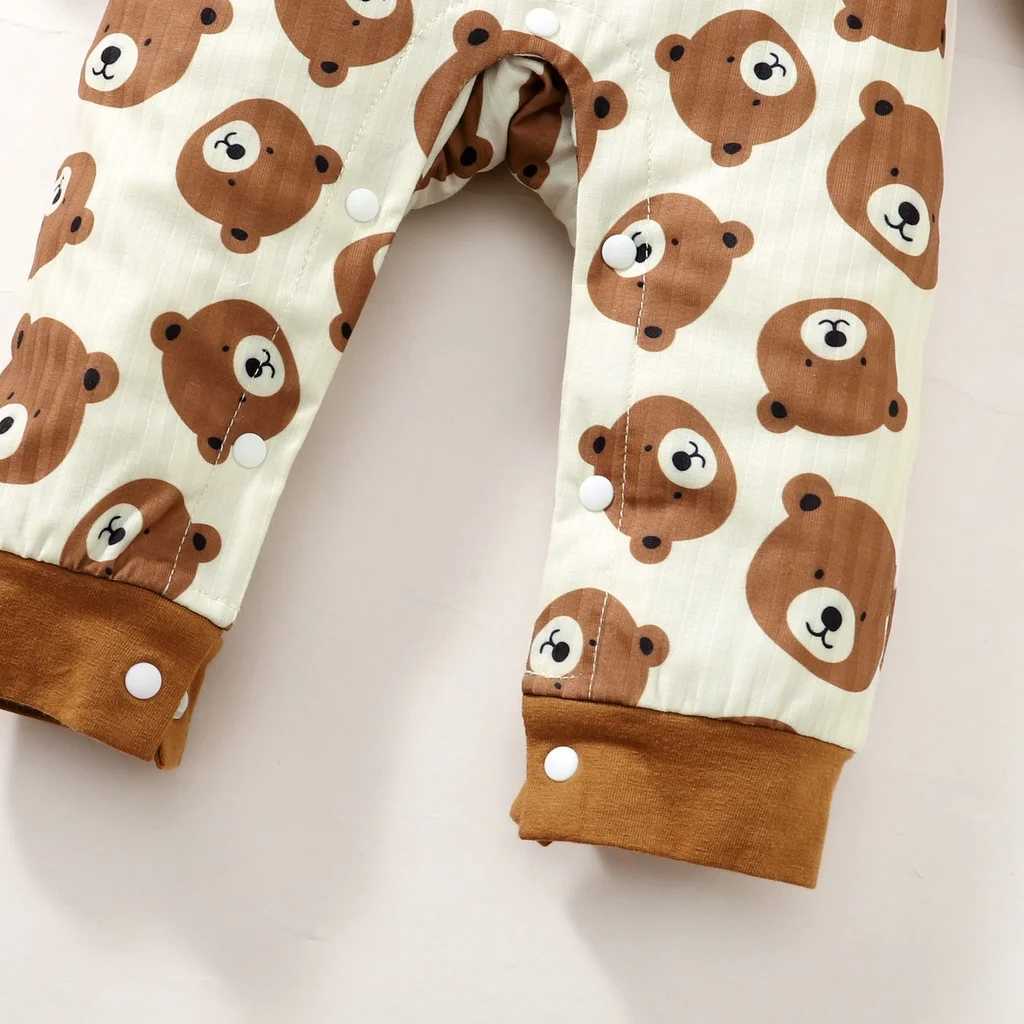 Baby mens long sleeved cute bear print tight fitting clothes for spring and autumn baby mens casual jumpsuit 0-18 months W240812