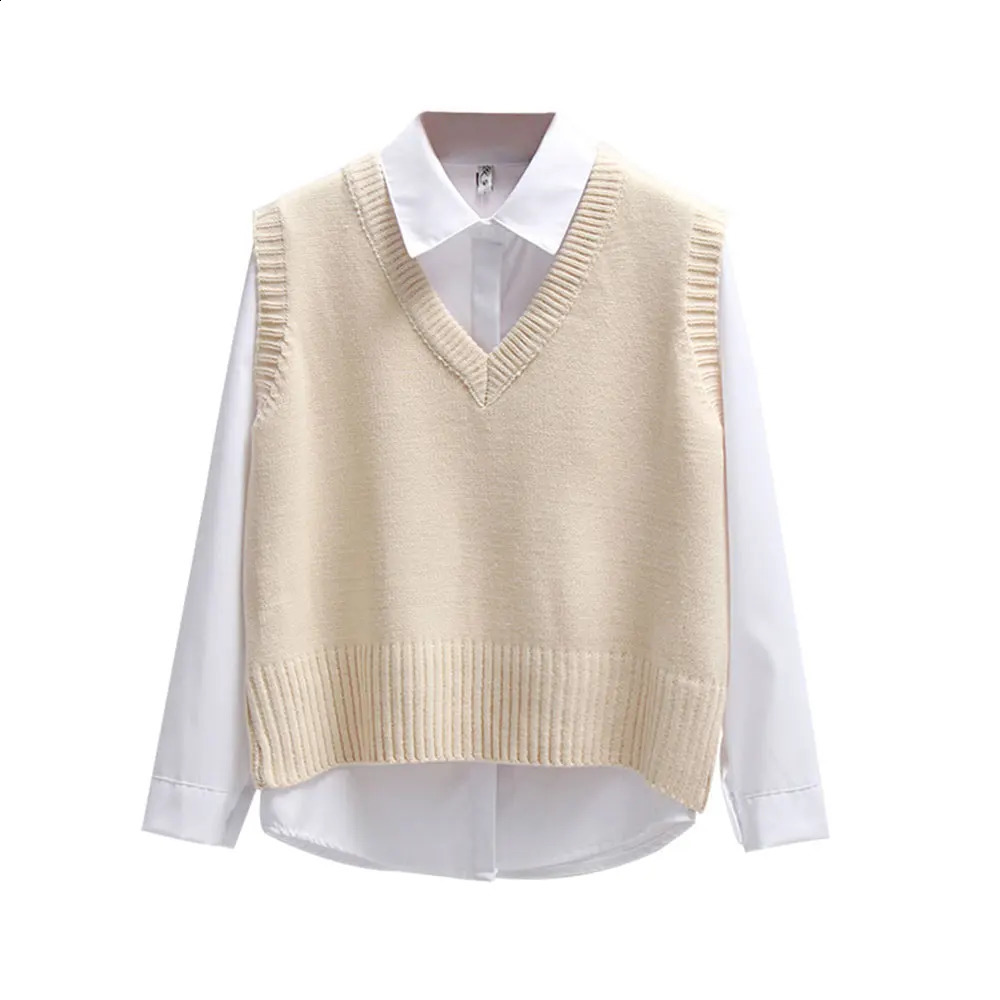 Women Korean Harajuku Sleeveless Knitted Sweater Casual Vest Elegant V Neck Waistcoat Loose Pullover Female Autumn Jumper 240813