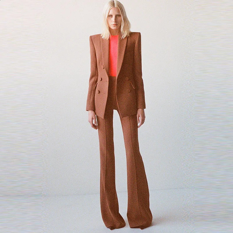 Brown khaki pantyhose womens double chest slim fit office suit business jacket flash pants set twopiece 240812
