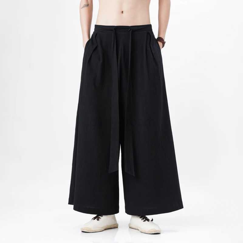 Chinese Style Linen Cotton Retro Pants Man Summer Kimono Solid Color Traditional Pants Male Streetwear Casual Wide-Leg TrousersXJ240813