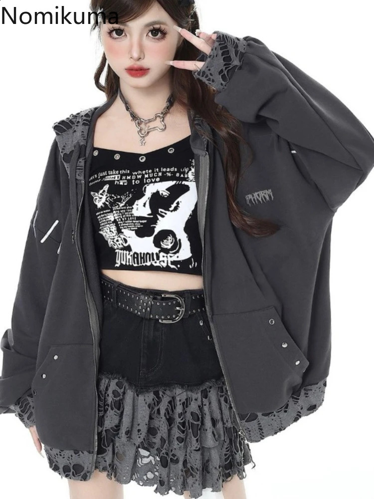 Harajuku Hole Zip Up Hoodies Women Clothing Fashion Japanese Y2k Jackets Ropa Mujer Hooded Casual Oversized Sweatshirts 240812